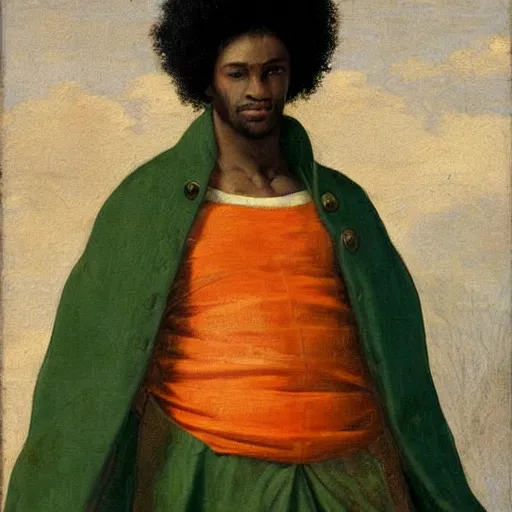 Image similar to black man with afro hair wearing an army green cloak, riding!!! an orange!! bull!!!, renaissance style painting