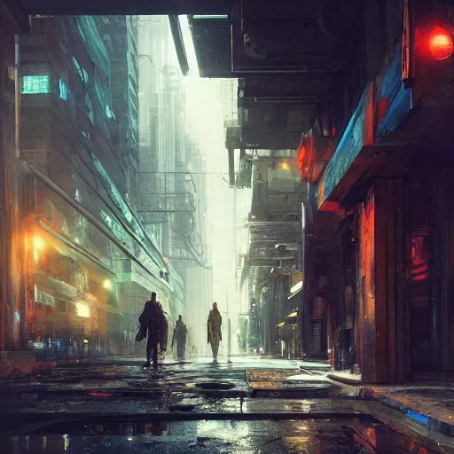 Prompt: doorway, empty sidewalk of a cyberpunk megacity, dramatic lighting, detailed background, gorgeous view, realistic, high detail, depth of field, lightrays, atmospheric, digital art, painted by greg rutkowski, painted by jeremy mann, trending on artstation