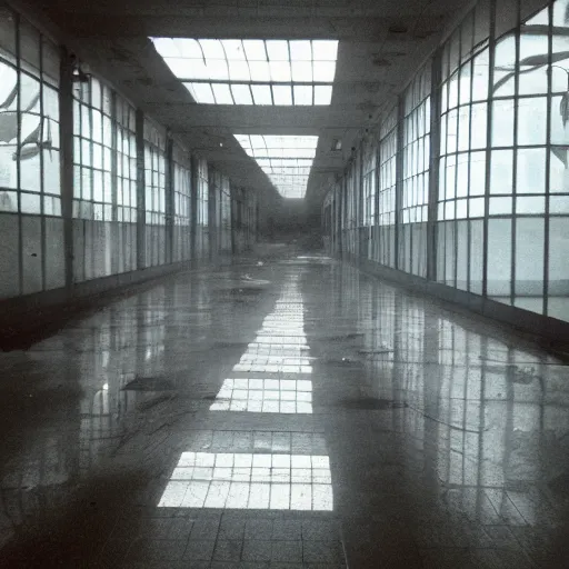 Image similar to Beautiful cameraphone 2000s, soft liminal Photograph of foggy abandoned mall with water on the floor plants growing
