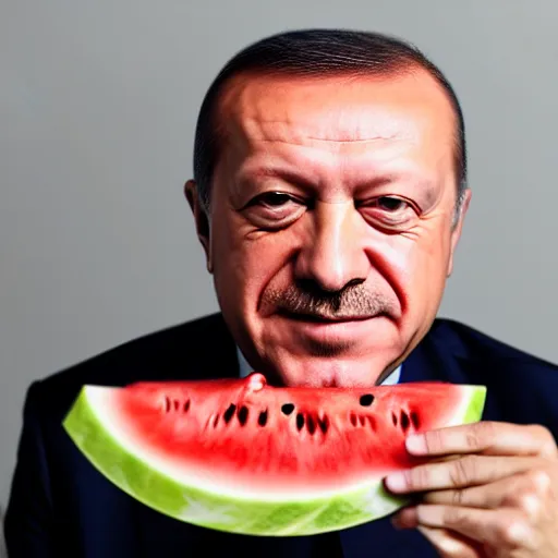 Image similar to recep tayyip erdogan smiling holding watermelon, studio photograph, hd, studio