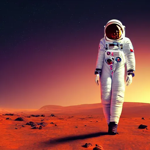 Image similar to A wide angle shot from below of a female astronaut with a feminine body walking with swagger towards camera on mars in an infinite universe , synthwave digital art