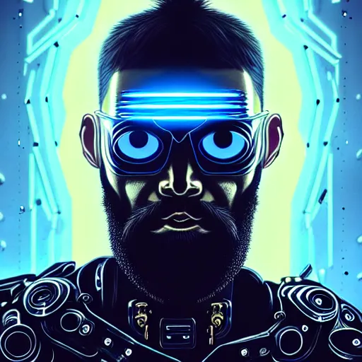 Image similar to bearded man with extremely large and intricate eye cyberpunk bionics with angry blue eyes and slim features looking askance, eye cyberpunk bionics, retro futurist style, intricate, elegant gleaming intricate baroque jewelry, angelic halo, highly detailed, digital painting, artstation, concept art, smooth, sharp focus, illustration, art by wlop, mars ravelo and greg rutkowski,