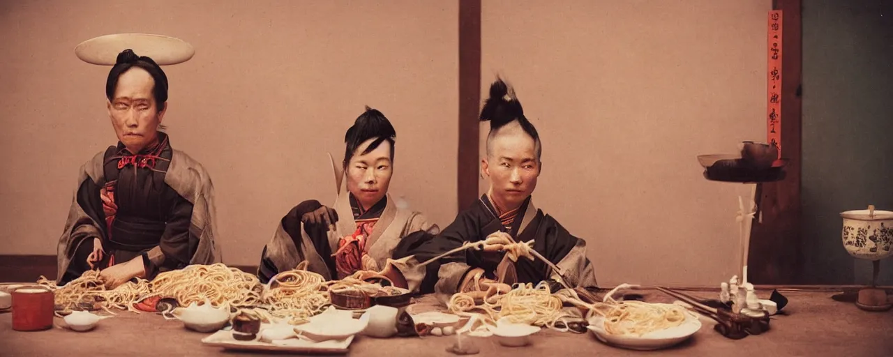 Prompt: 1 8 0 0 s japanese samurai slicing spaghetti!, in the style of diane arbus, canon 5 0 mm, wes anderson, kodachrome, retro