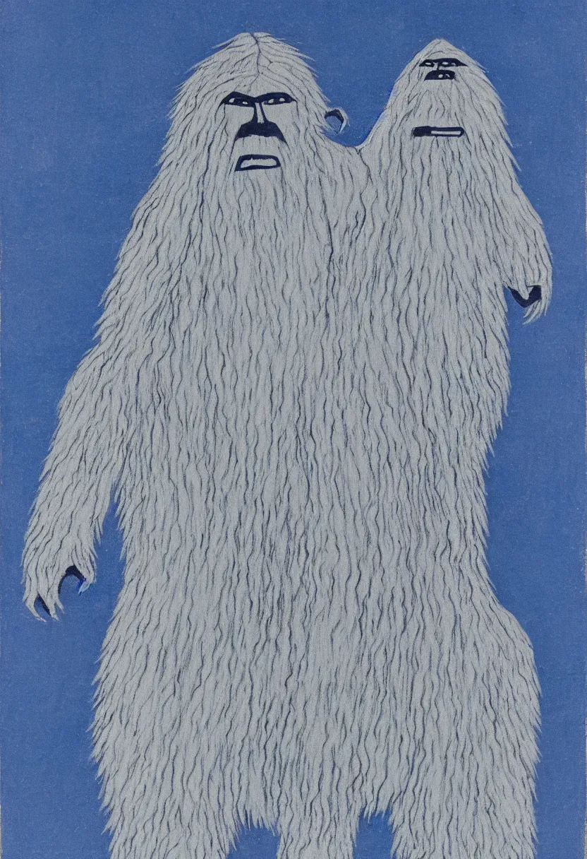 Image similar to inuit painting of one yeti standing on the tundra