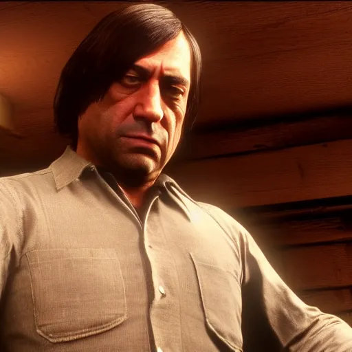 Image similar to Film still of Anton Chigurh, from Red Dead Redemption 2 (2018 video game), no hat, no text