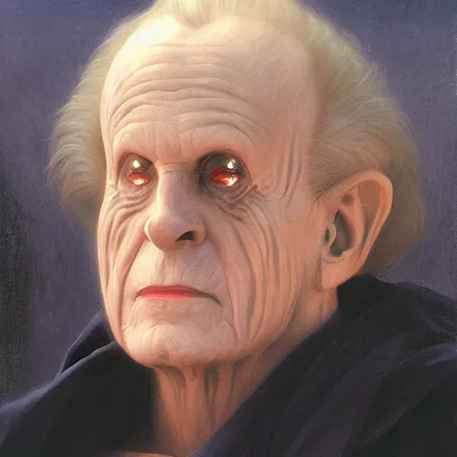 Image similar to Painting of Emperor Palpatine. Art by william adolphe bouguereau. During golden hour. Extremely detailed. Beautiful. 4K. Award winning.