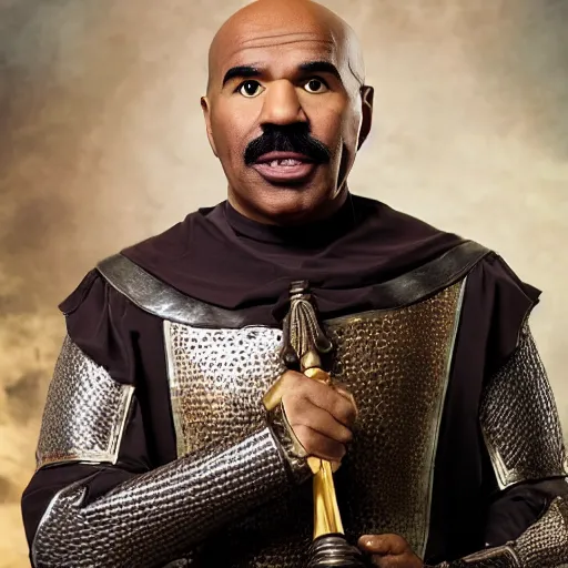 Image similar to promotional photograph of steve harvey in medieval clothing, highly detailed, cinematic lighting, photo, award - winning photograph, professional photograph, dramatic posing