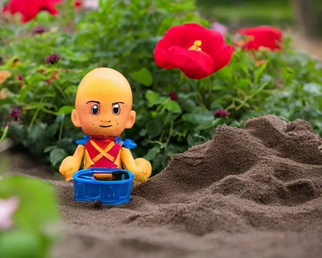 Prompt: 8 5 mm food photography of a kratos toy near a garden with sand with dof and bokeh and flowers o