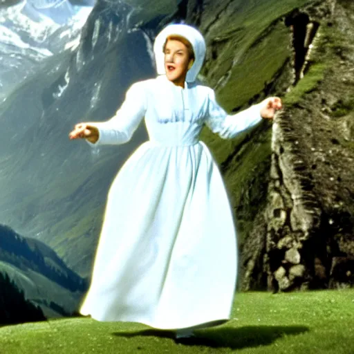 Image similar to julie andrews in a white cat costume, austria, film still, sound of music, 4 k, 8 k