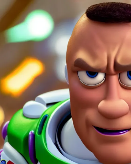 Image similar to Film still close-up shot of Dwayne Johnson as Buzz Lightyear in the movie Toy Story 3. Photographic, photography