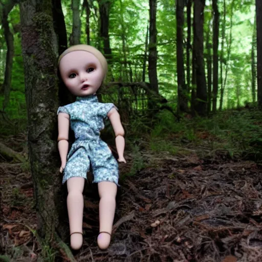 Prompt: broken doll in the woods, found footage