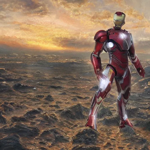 Image similar to Photorealistic oil painting of a scrap built Iron Man suit flying in a Post Apocalyptic world