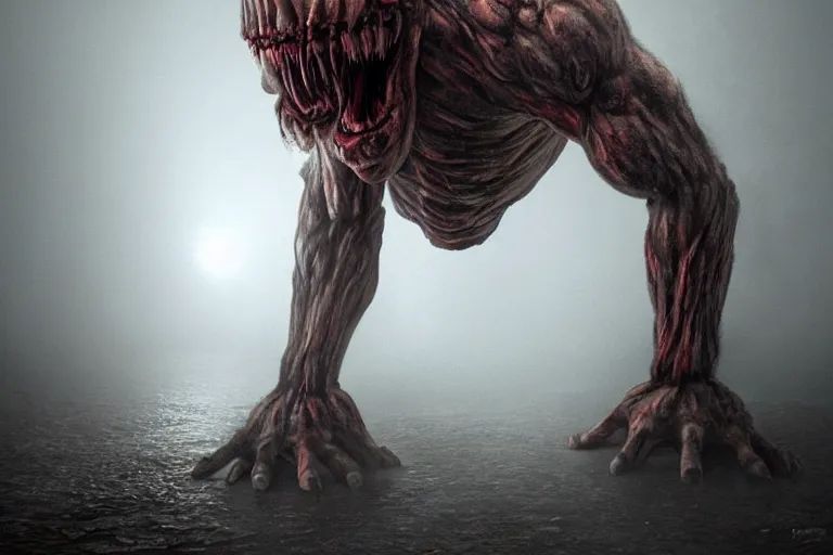 Image similar to a giant monster made of flesh and muscles, very angry, misty, foggy, ambient light, terror, glows, realistic, photo-realism, hyper realism, picture,