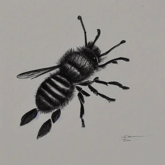 Image similar to a pencil drawing of a bee flying over a flower. by pen tacular