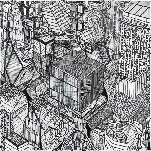 Image similar to Geometric cube city, extremely high detail, photorealistic, intricate line drawings, dotart, album art in the style of James Jean