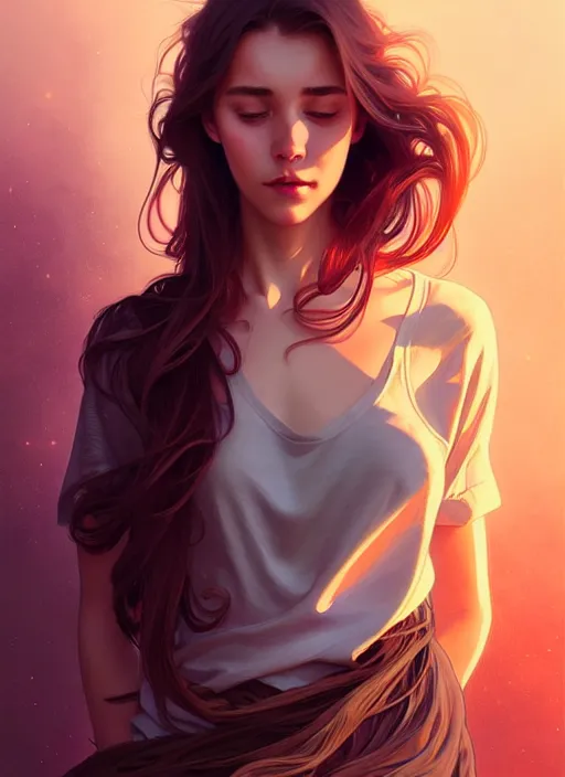 Image similar to handsome young women with shoulder length brown hair, half body shot, path traced, highly detailed, high quality, digital painting, alena aenami, lilia alvarado, shinji aramaki, karol bak, alphonse mucha, tom bagshaw