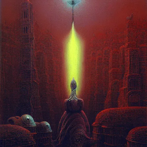 Image similar to a giant holy snail stands over a city painting by beksinski, barlowe colors. masterpiece painting