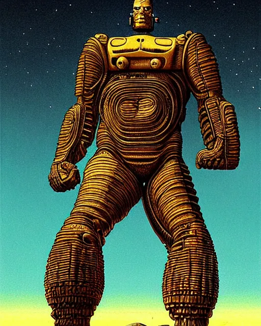 Image similar to portrait giant colossus humanoid with his fist up, brown armor, background ancient alien landscape, low angle, close up, concept art, intricate details, highly detailed, vintage sci - fi poster, retro future, vintage sci - fi art, in the style of chris foss, rodger dean, moebius, michael whelan, and gustave dore