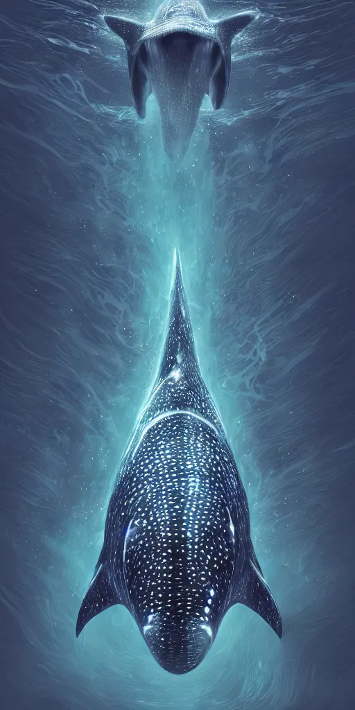 Image similar to A bioluminescent whale shark, lovecraft, coherent, symmetrical, intricate, high detail, digital painting, fantasy painting, visionary art, octane render, 4k, trending on artstation