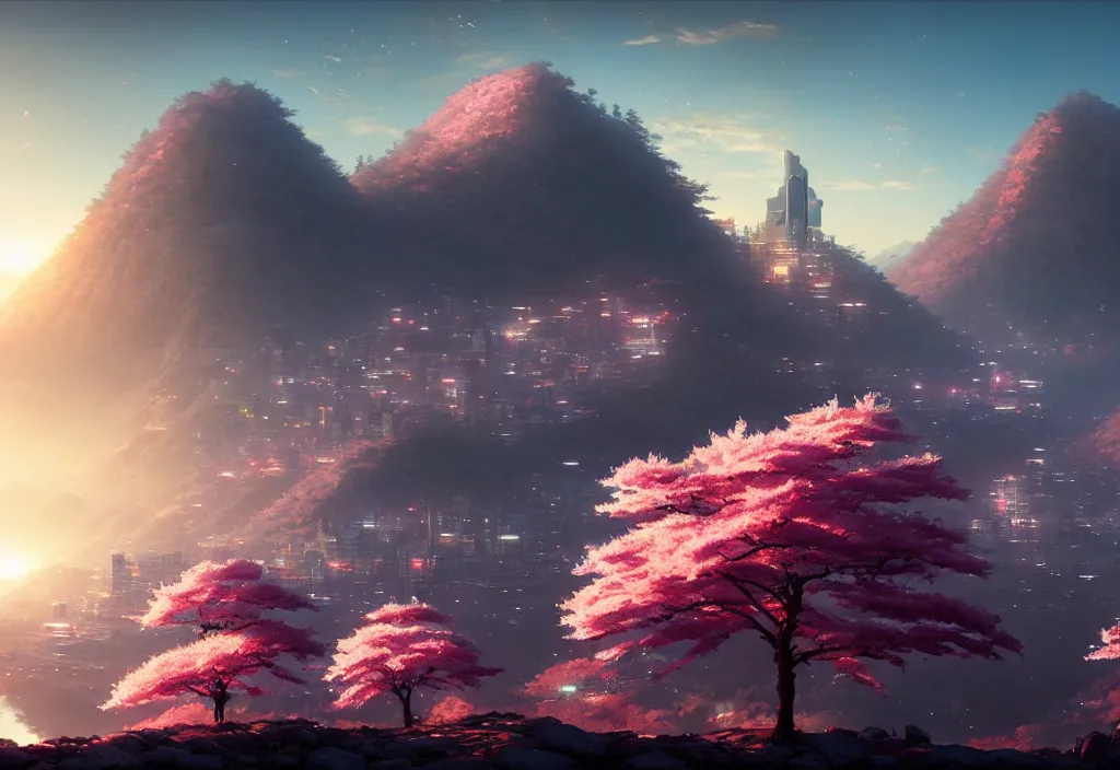 Image similar to sakura lit by the sun stands on a mountain from behind cyberpunk city, cinematic view, concept art, high detail, 4 k, by jordan grimmer, art greg rutkowski