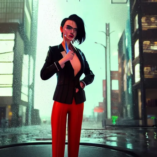 Image similar to cinematic cartoon women portrait made out of rain, pinstripe suit, short hair, cyberpunk background, rendered in octane, unreal engine, highly detailed, trending on artstation, realistic, splashes of neon, beautiful