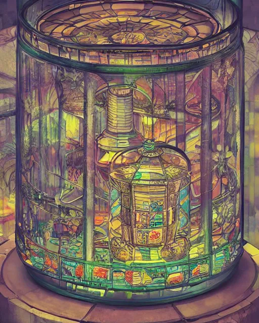 Prompt: intricate illustration, of a solarpunk marketplace, inside a glass jar. intricately detailed. beautiful. colourful. 3 d vray render, artstation, deviantart, pinterest, 5 0 0 px models