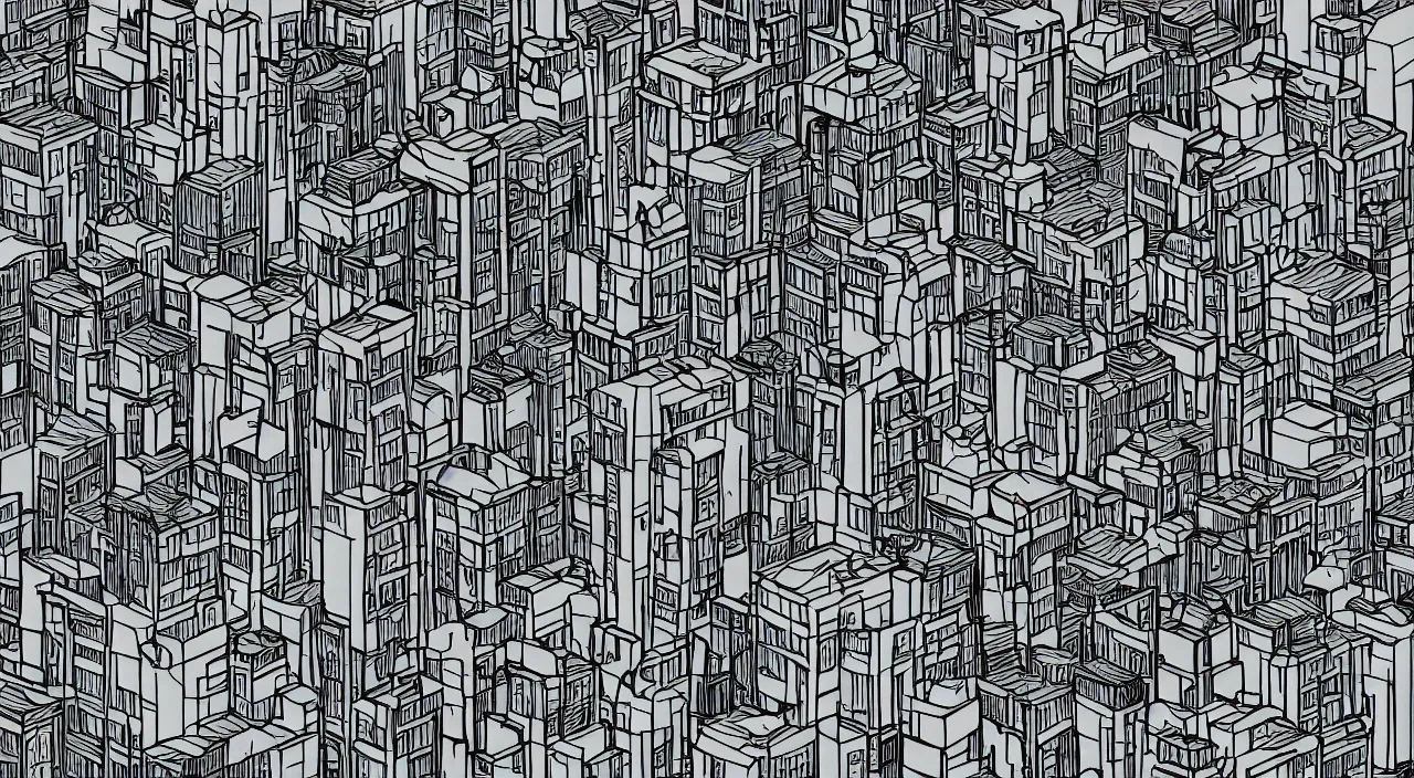 Image similar to axon drawing of a fictional dense city, in vector drawing style of charles williams