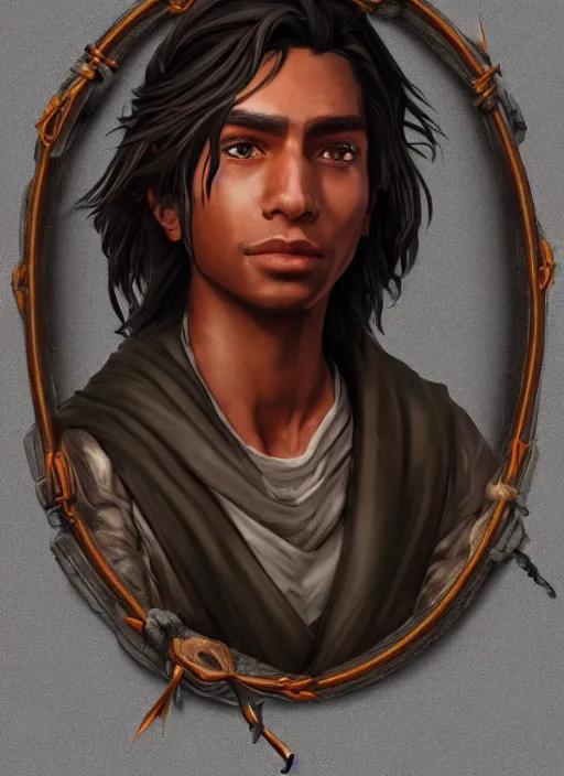 Prompt: An epic fantasy comic book style portrait painting of a young dark skinned long haired boy in plain peasant clothes with intelligent eyes in the style of the wheel of time, unreal 5, DAZ, hyperrealistic, octane render, cosplay, RPG portrait, dynamic lighting