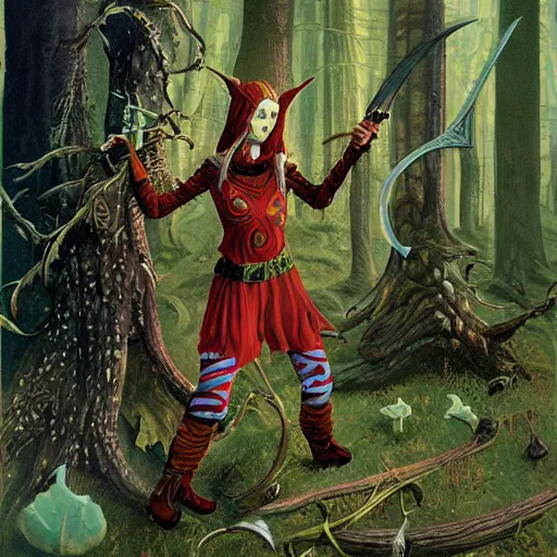 Image similar to moonshine cybin, buxom epic level dnd wood elf spore druidess, wielding a magical sword, wearing magical overalls. covered in various fungi. full character concept art, realistic, high detail digital painting by angus mcbride and michael whelan and michael william kaluta.