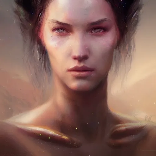 Image similar to a beautiful portrait of a goddess with iridescent skin by greg rutkowski and raymond swanland, trending on artstation