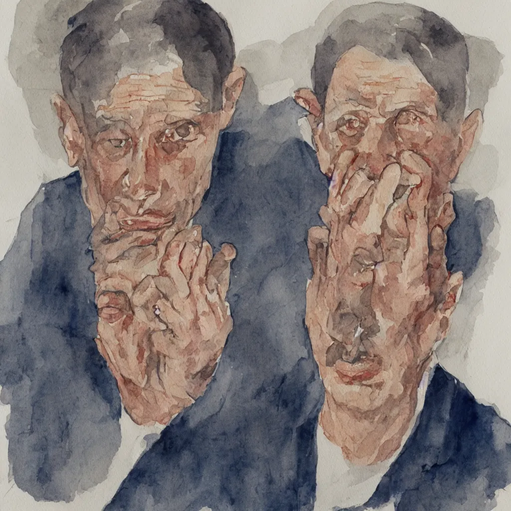 Image similar to a self - portrait of a man suffering from dementia, watercolor