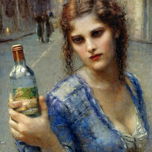 Prompt: intricate, lonely tired young woman man holding wine bottle drunk in the street, detailed, by gaston bussiere, h. r. giger, masterpiece, sharp focus,