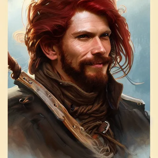 Image similar to portrait of a young ruggedly handsome but joyful pirate, male, masculine, upper body, red hair, long hair, d & d, fantasy, intricate, elegant, highly detailed, digital painting, artstation, concept art, matte, sharp focus, illustration, art by artgerm and greg rutkowski and alphonse mucha