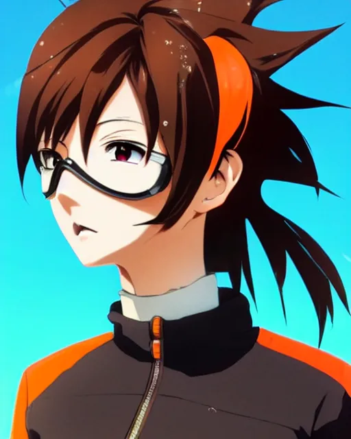 Prompt: Anime as Tracer Overwatch wearing brown-leather-coat; in snowboard orange-mask || cute-fine-face, pretty face, realistic shaded Perfect face, fine details. Anime. realistic shaded lighting poster by Ilya Kuvshinov katsuhiro otomo ghost-in-the-shell, magali villeneuve, artgerm, Jeremy Lipkin and Michael Garmash and Rob Rey as Overwatch Tracer cute smile