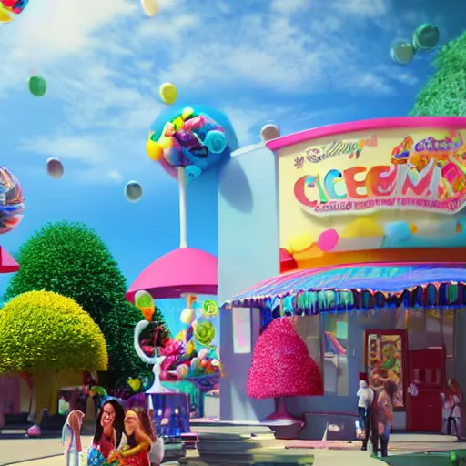 Image similar to ice cream world, candy tree, human pets, 3 d render, illustrated, incredible details, highly detailed, colorful, photorealistic, disney pixar, octane render, iridescent, anime, 8 k