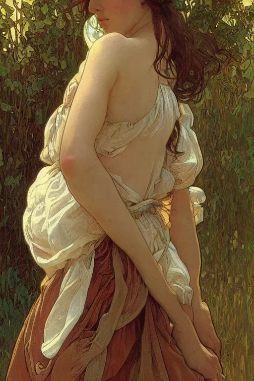 Image similar to beautiful natural coy cottagecore peasant maiden life drawing, intricate, elegant, highly detailed, digital painting, artstation, concept art, smooth, sharp focus, illustration, art alphonse mucha and james gurney and wlop