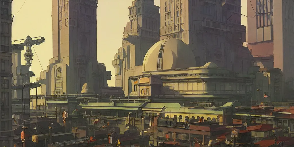 Image similar to An imposing futuristic building lights up an wide city square, dieselpunk, by Studio Ghibli and Edward Hopper