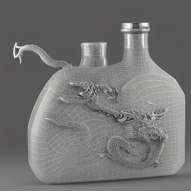 Prompt: transparent ancient boar flask with a dragon, raytracing, orthographic 3d rendering, octane render