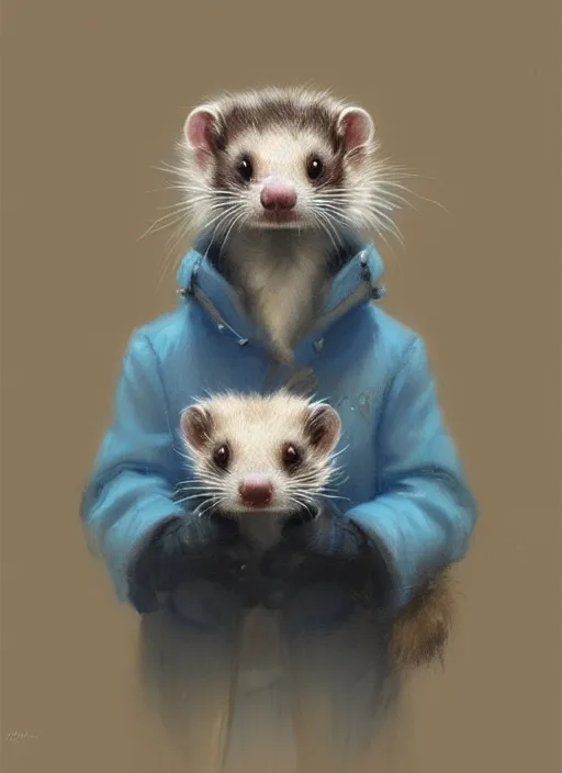 Image similar to very detailed masterpiece painting of a ferret wearing a fuzzy blue coat, portrait, artstation, concept art by greg rutkowski