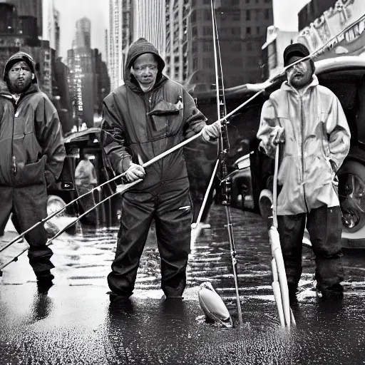 Prompt: closeup portrait of a group of fishermen trying to fish with fishing rods in between car traffic in rainy new york street, by David Lazar, natural light, detailed face, CANON Eos C300, ƒ1.8, 35mm, 8K, medium-format print