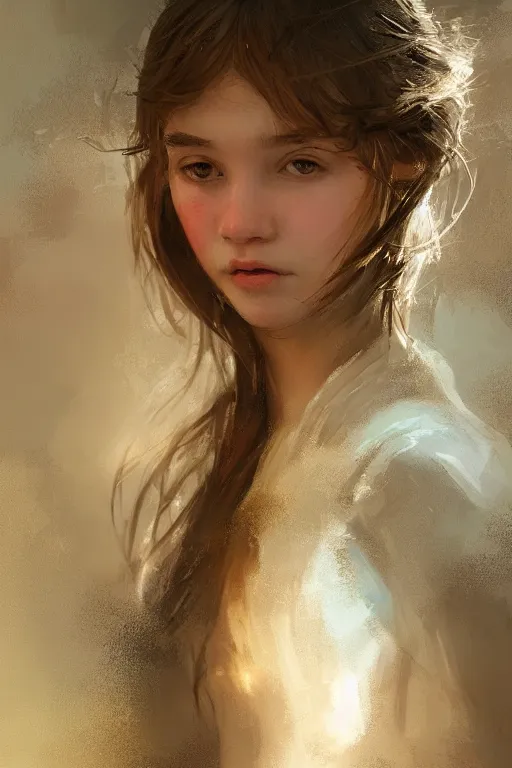 Prompt: teenage girl, joyful, close - up portrait, intricate, elegant, volumetric lighting, scenery, digital painting, highly detailed, artstation, sharp focus, illustration, concept art, ruan jia, steve mccurry