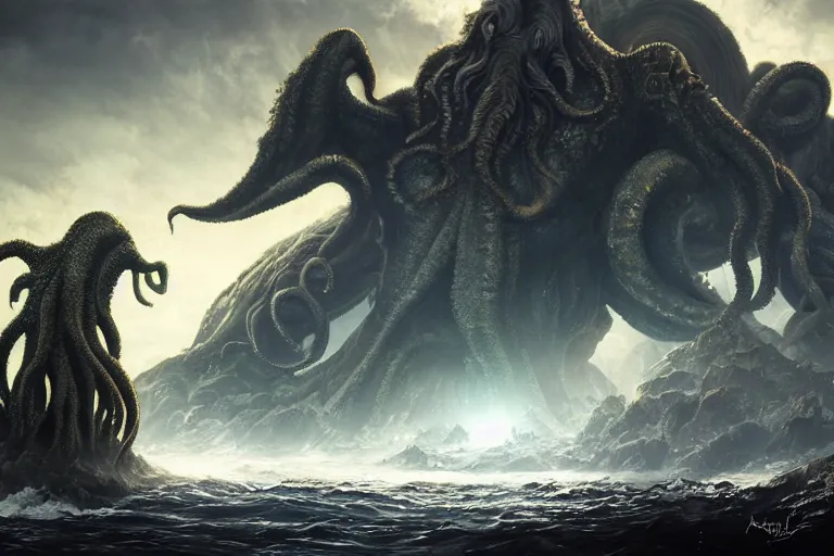 Image similar to giant Cthulhu, photorealistic, long shot, epic, horizon mountain over water by Andree Wallin