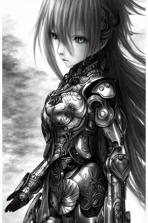 Image similar to a vertical portrait of a character in a scenic environment by Yoshitaka Amano, black and white, dreamy, cybernetic armor, wavy long black hair, highly detailed