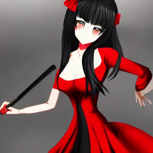 Image similar to a girl with black hair wearing a red dress, she is holding a knife, anime art, smooth, scary atmosphere, hd