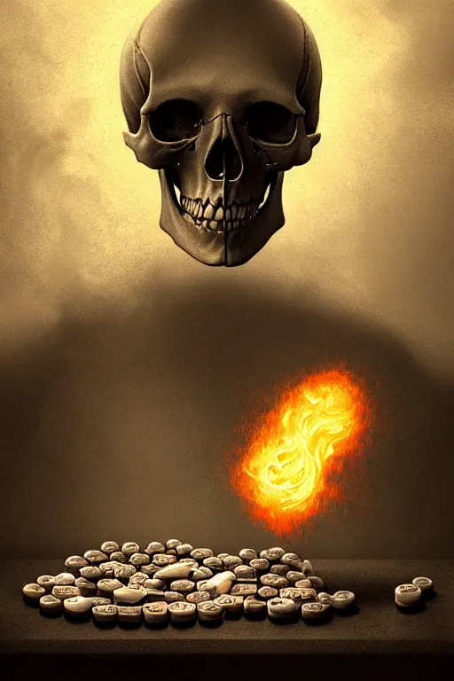 Prompt: stringejä and pile Off pills and a skull on the table, skull made out of smoke coming out of pills, fantasy, intricate, elegant, highly detailed, digital painting, artstation, concept art, smooth, sharp focus, illustration, art by Ilja Repin