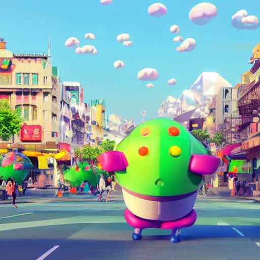 Image similar to beautiful katamari game, disney movie encanto, walking through the city, very busy city, cartoon pixar style, anime volumetric lighting, 3d model pixar render