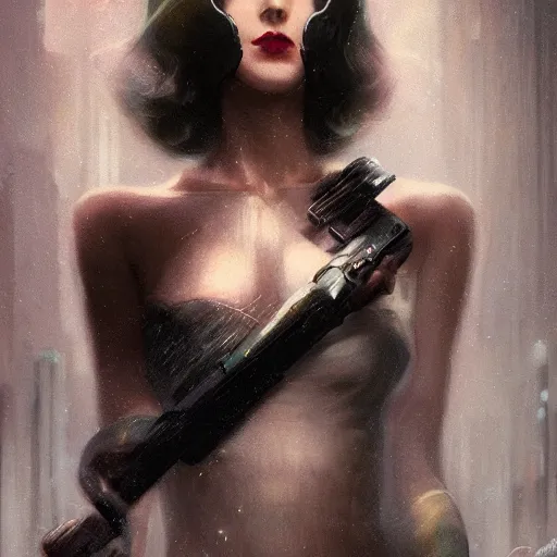 Image similar to femme fatale, beautiful young woman, 1 9 2 0 s, cyberpunk, high detail, dramatic light, digital art, dark, painted by seb mckinnon and greg rutkowski, trending on artstation