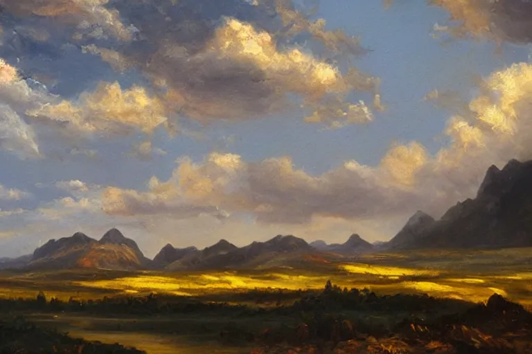 Image similar to a beutiful oil painting of a landscape, dramatic lighting, clouds in the sky, mountains