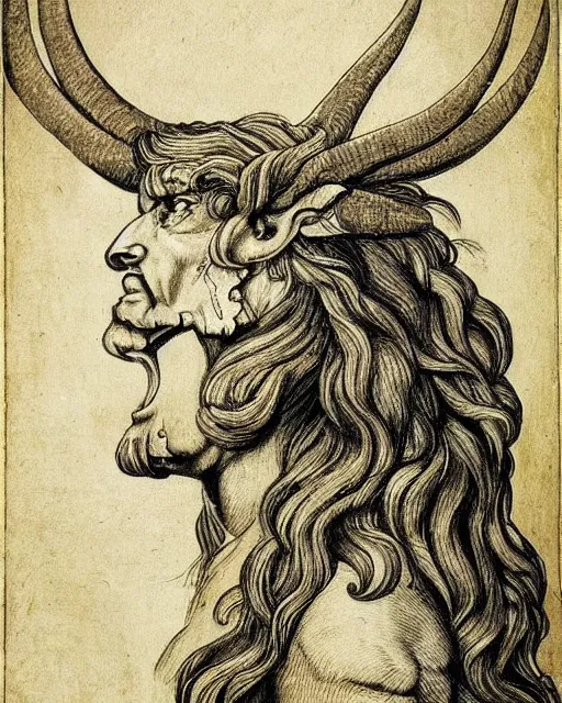 Prompt: human / eagle / lion / ox hybrid. horns, beak, mane. drawn by da vinci