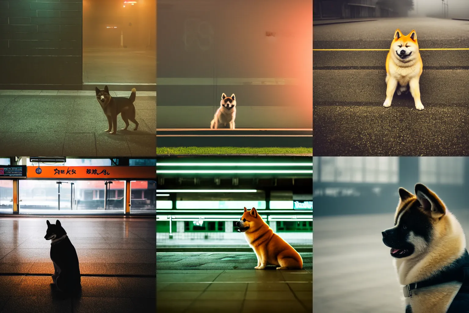 Prompt: high detail photo of a akita inu dog waiting alone at an empty foggy train station, orange green lighting, desolate, atmospheric, hazy, 8k, reflections